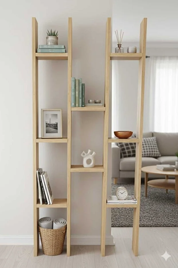 Masif Ahşap Raflı Oda Ayırıcı Seperatör Duvar Dekor Paravan 60x200 cm Boyasız Doğal Ahşap Rengi